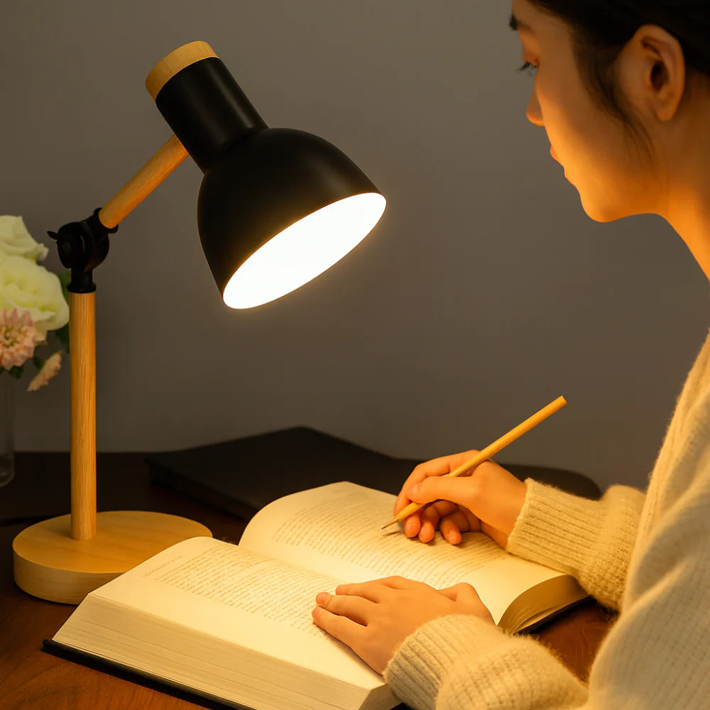 Adjustable Nordic Table Light with Wooden Base for Desk Use