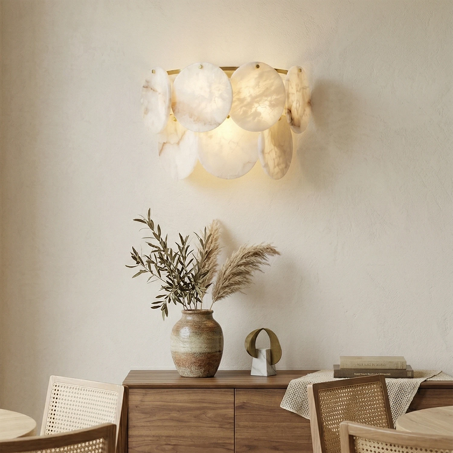 Round Alabaster Wall Light – Double Layer Minimalist Sconce in White and Gold