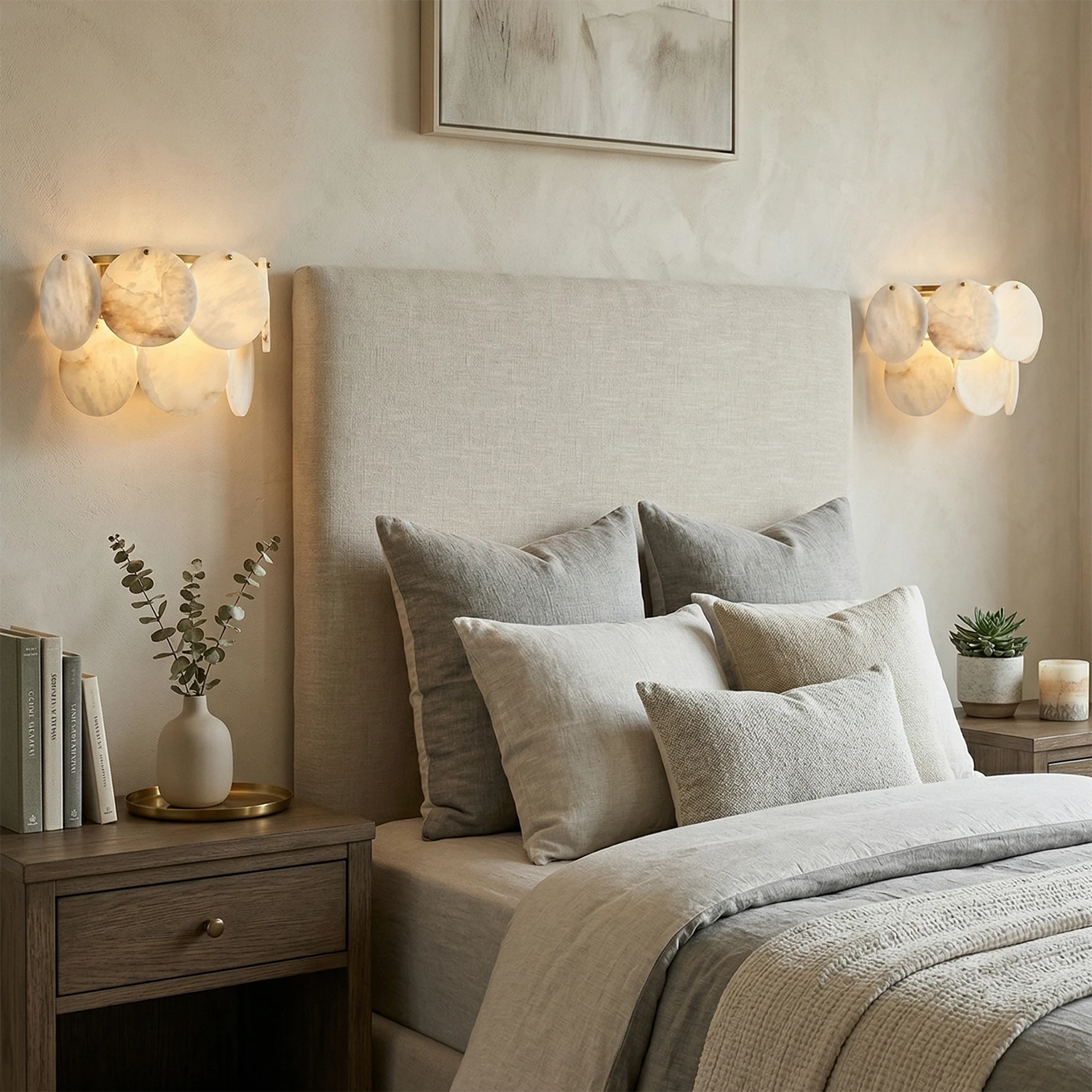 Round Alabaster Wall Light – Double Layer Minimalist Sconce in White and Gold