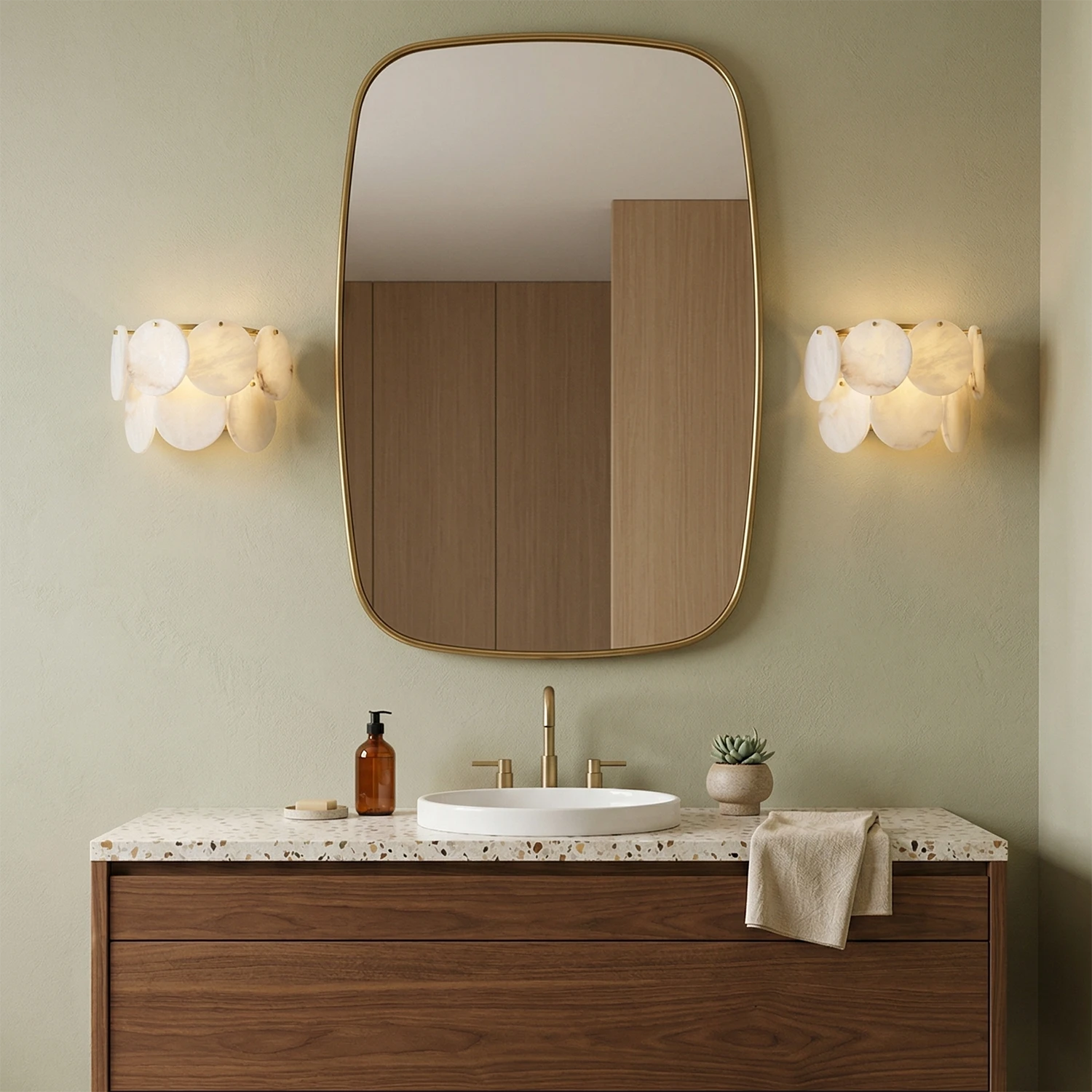 Round Alabaster Wall Light – Double Layer Minimalist Sconce in White and Gold