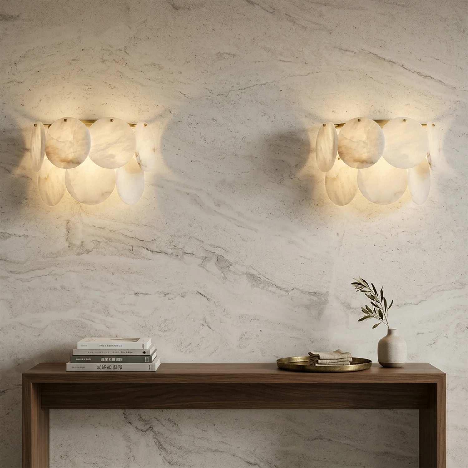 Round Alabaster Wall Light – Double Layer Minimalist Sconce in White and Gold