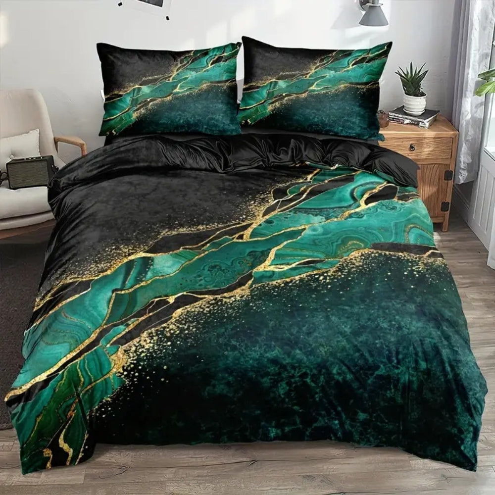 Queen Size Microfiber Duvet Cover Set in Elegant Gold Marble Design