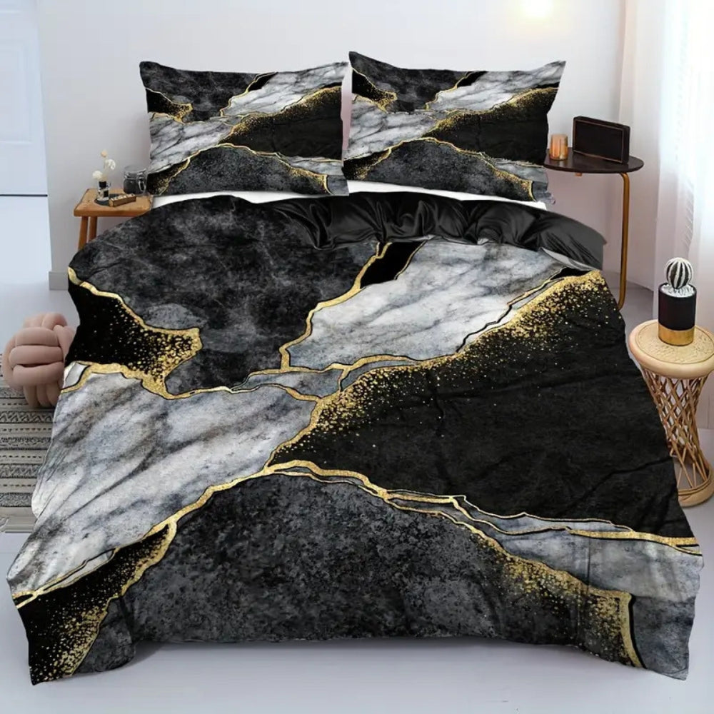 Queen Size Microfiber Duvet Cover Set in Elegant Gold Marble Design
