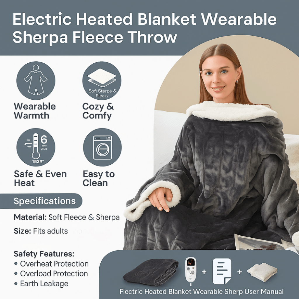 Adults Wearable Heated Throw Blanket in Sherpa Fleece