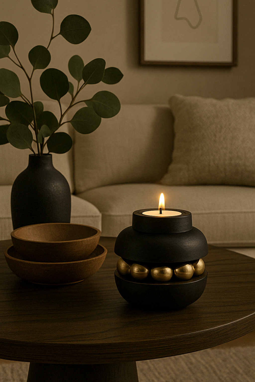 Black Candle Holder with Wooden Stand and Gold Bead Chain – Chic Home Accent