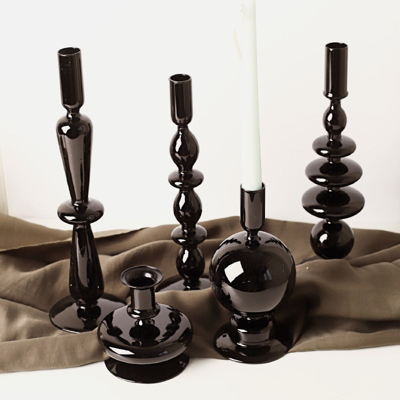 Sophisticated Black Glass Holders for Taper Candles - Unique Home Decor