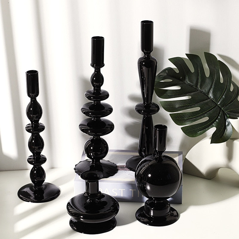 Sophisticated Black Glass Holders for Taper Candles - Unique Home Decor