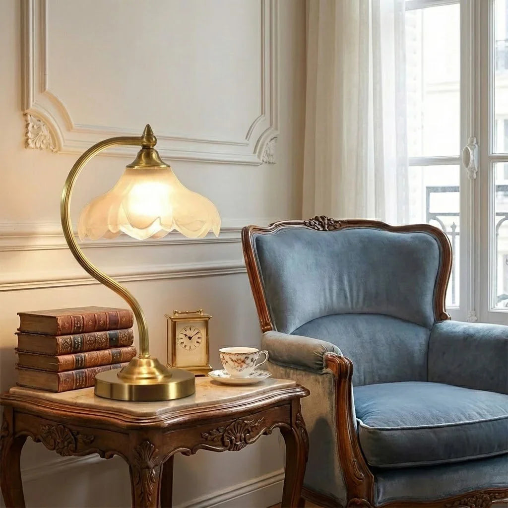 Floral Shade Glass and Brass Table Lamp – Soft Lighting for Bedroom or Living Room