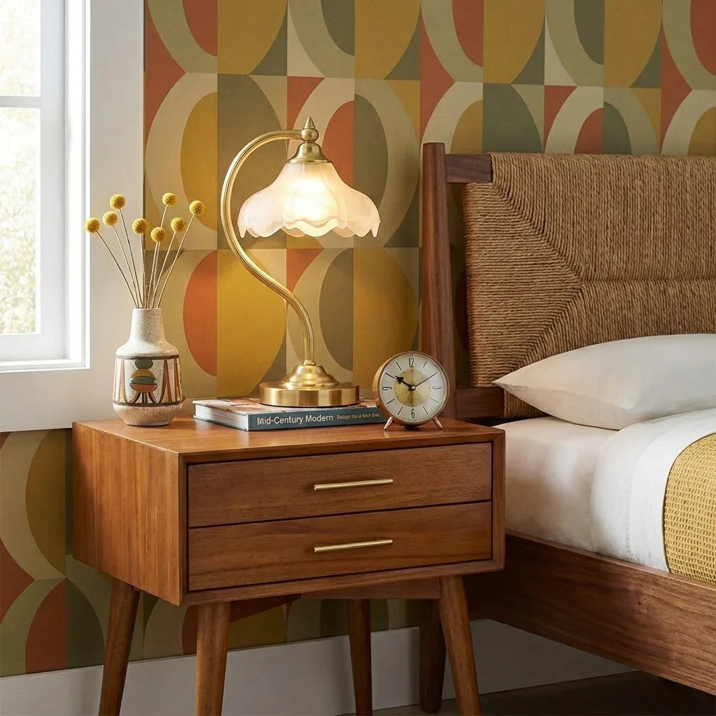Floral Shade Glass and Brass Table Lamp – Soft Lighting for Bedroom or Living Room