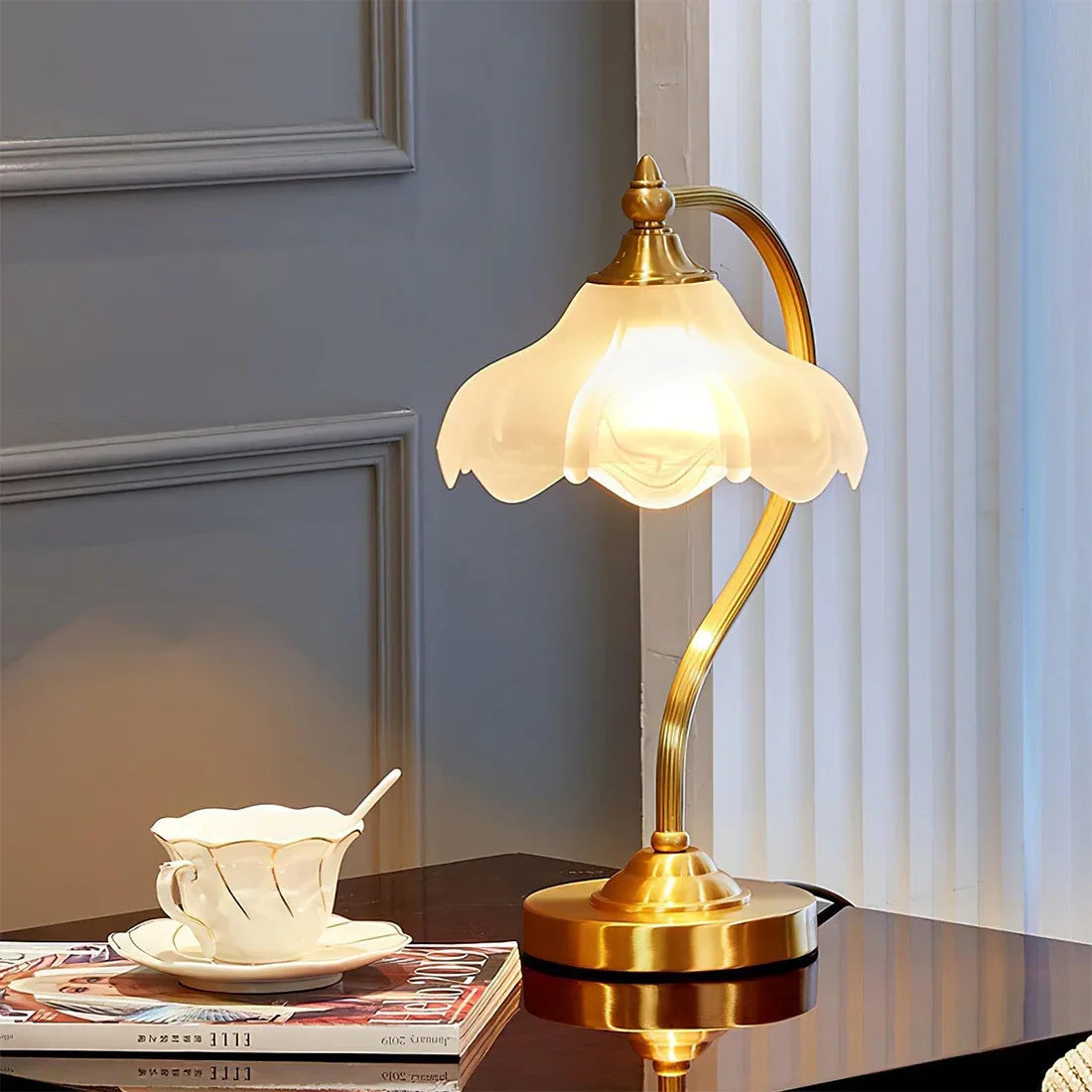 Floral Shade Glass and Brass Table Lamp – Soft Lighting for Bedroom or Living Room