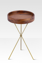 Mango Wood Side Table with Removable Tray and Gold Tripod Stand – Chic Accent for Small Spaces