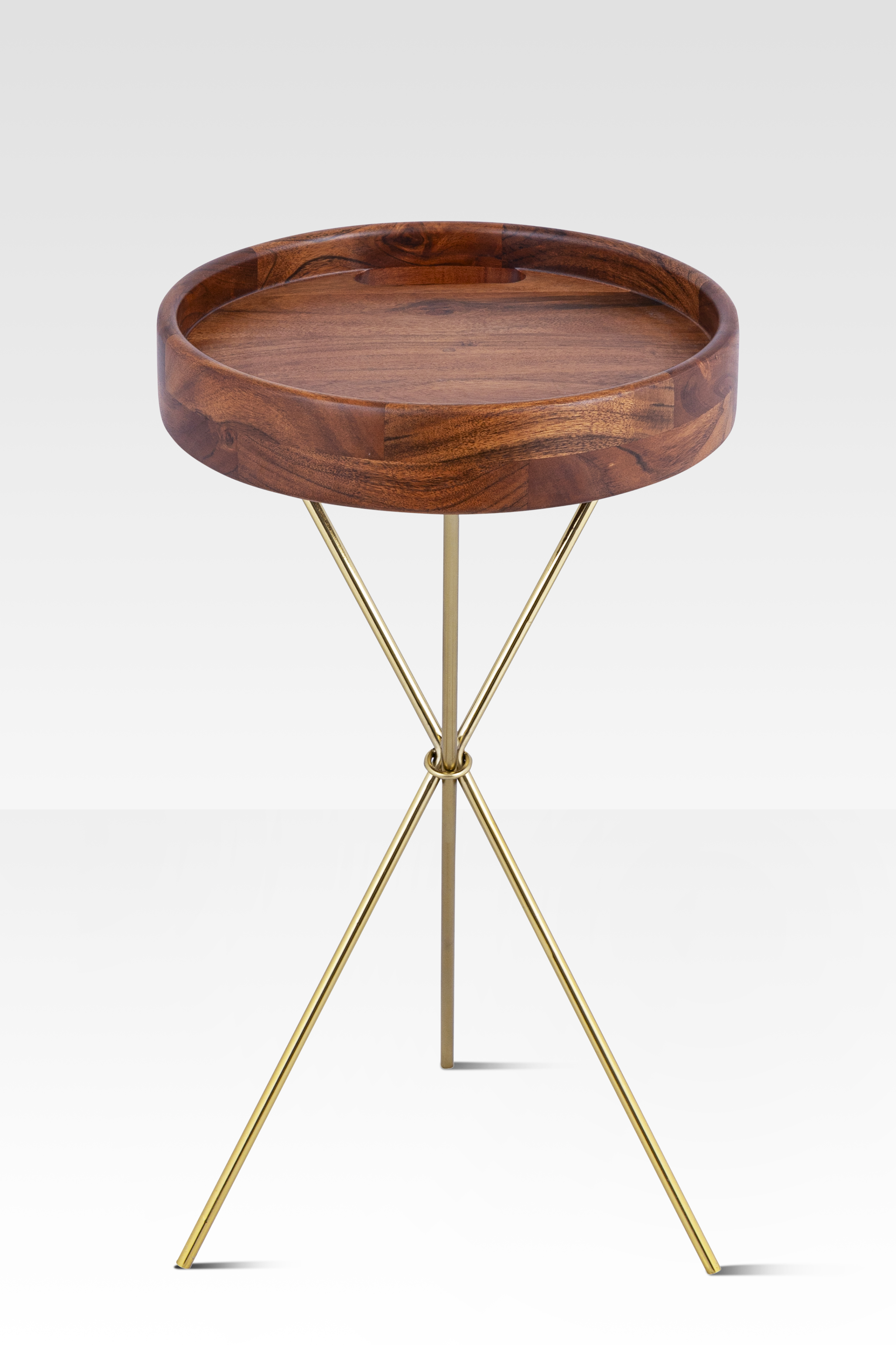 Mango Wood Side Table with Removable Tray and Gold Tripod Stand – Chic Accent for Small Spaces