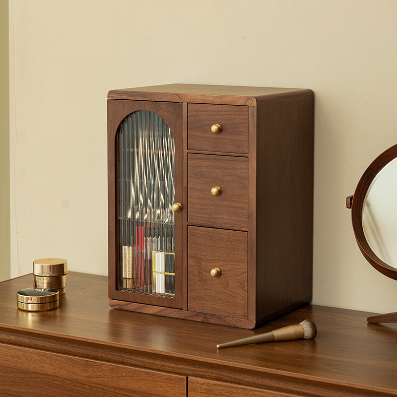 Stylish Wooden Cosmetic Organizer with Drawers and Brush Holder