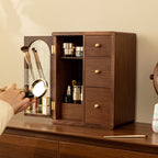 Stylish Wooden Cosmetic Organizer with Drawers and Brush Holder