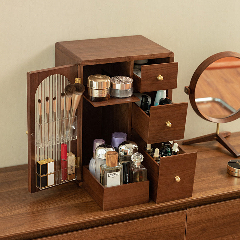 Stylish Wooden Cosmetic Organizer with Drawers and Brush Holder