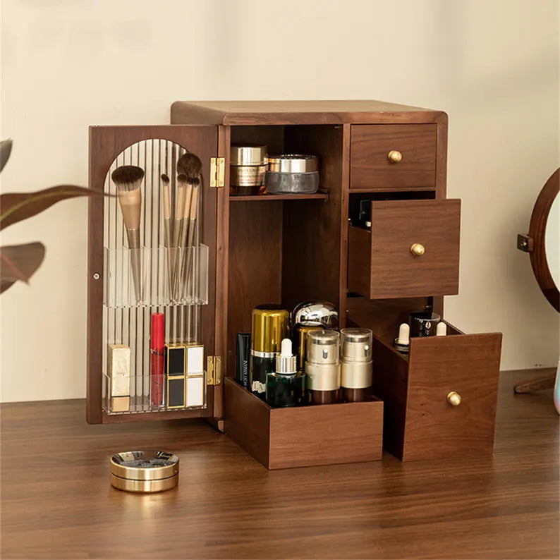 Stylish Wooden Cosmetic Organizer with Drawers and Brush Holder