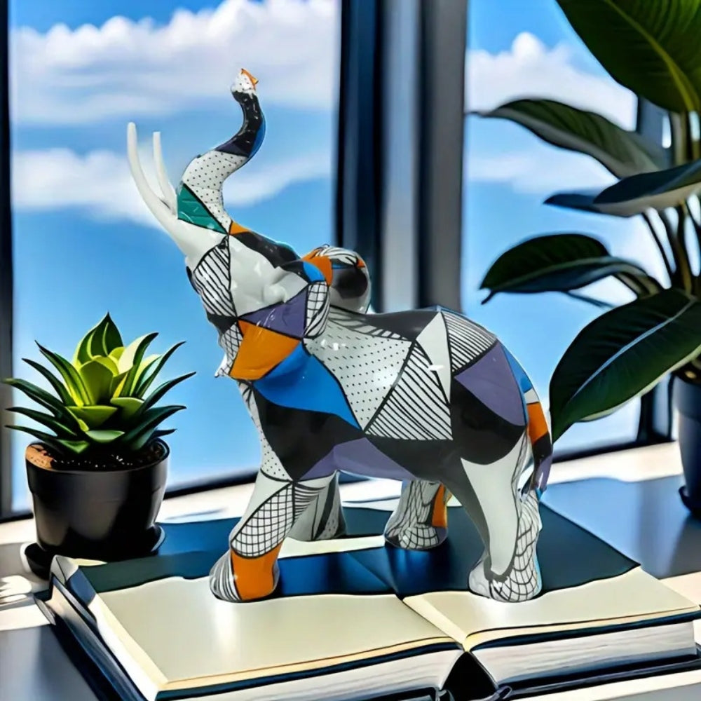 Geometric Design Elephant Statue - Handcrafted Resin Art