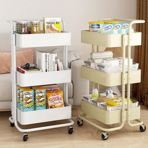 3-Tier Rolling Cart End Table in Carbon Steel for Living Room Storage