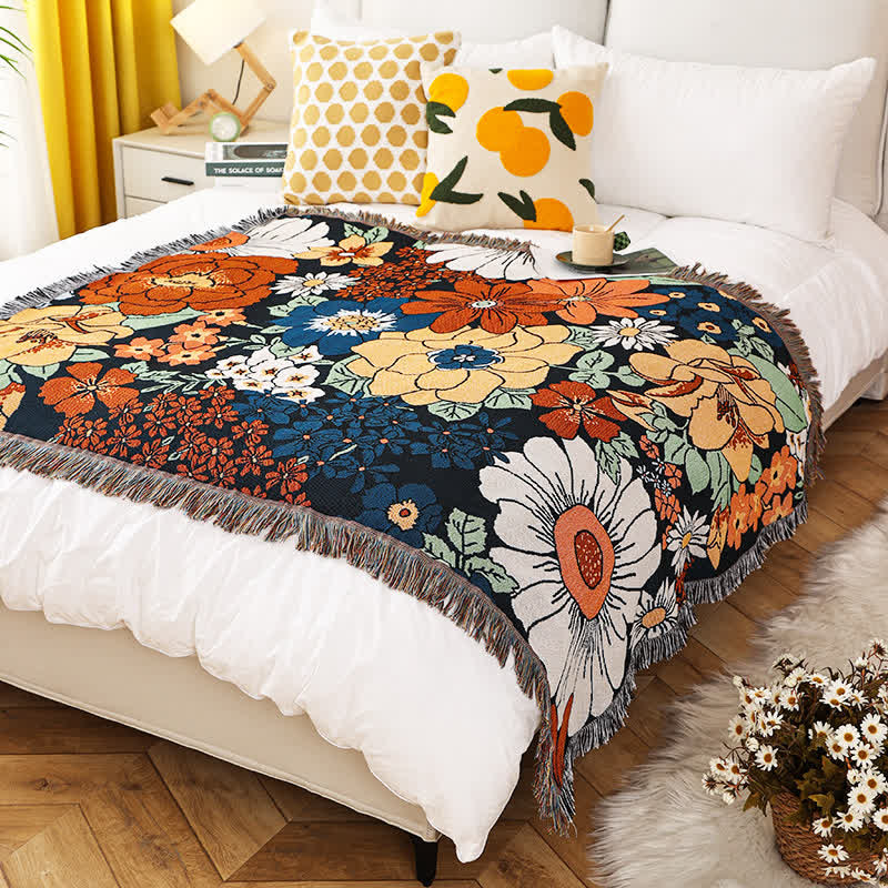 Cotton Sofa Slipcover - Floral Design with Tassels