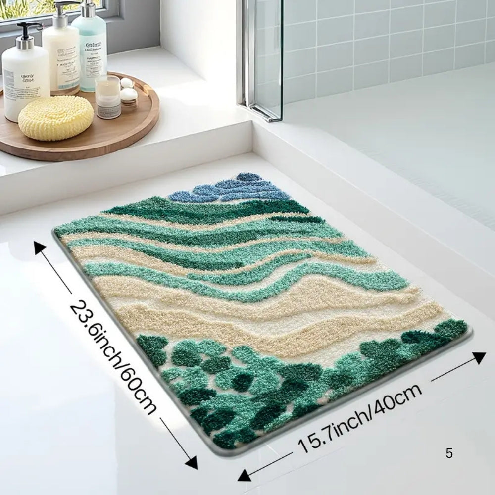Coastal Wavy Design Microfiber Bath Mat - Non-Slip