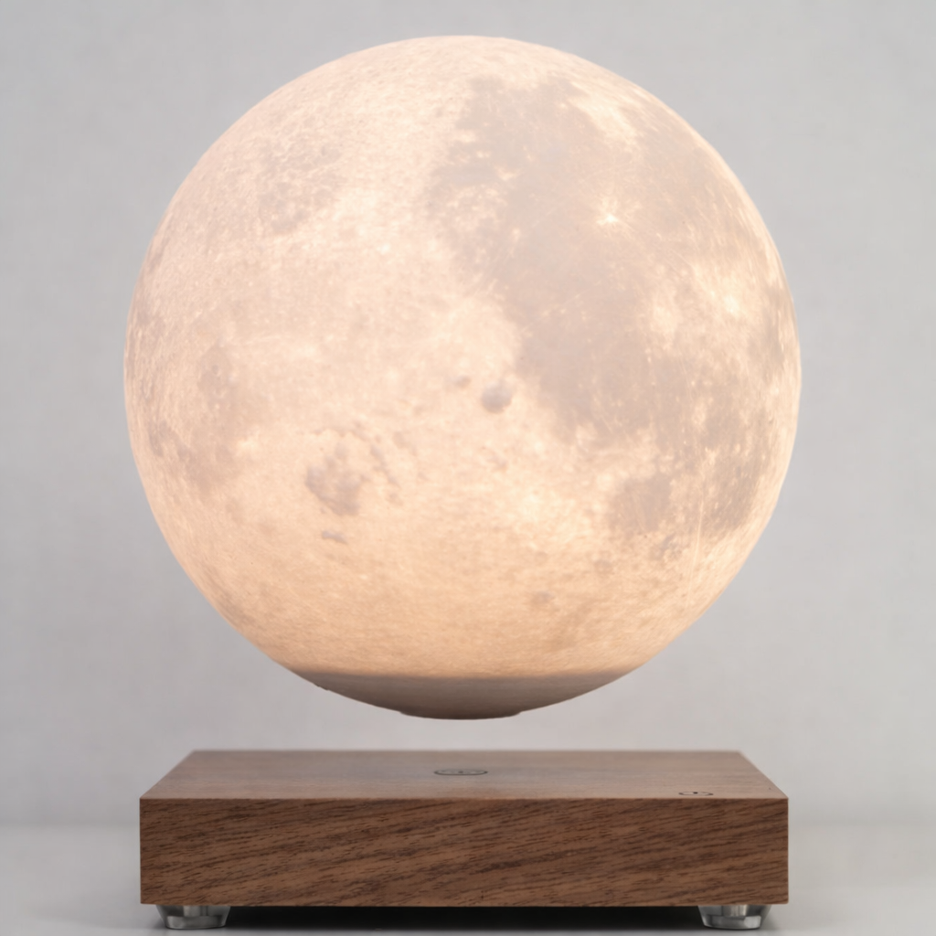 Wooden Stand with Floating Moon-Shaped Light