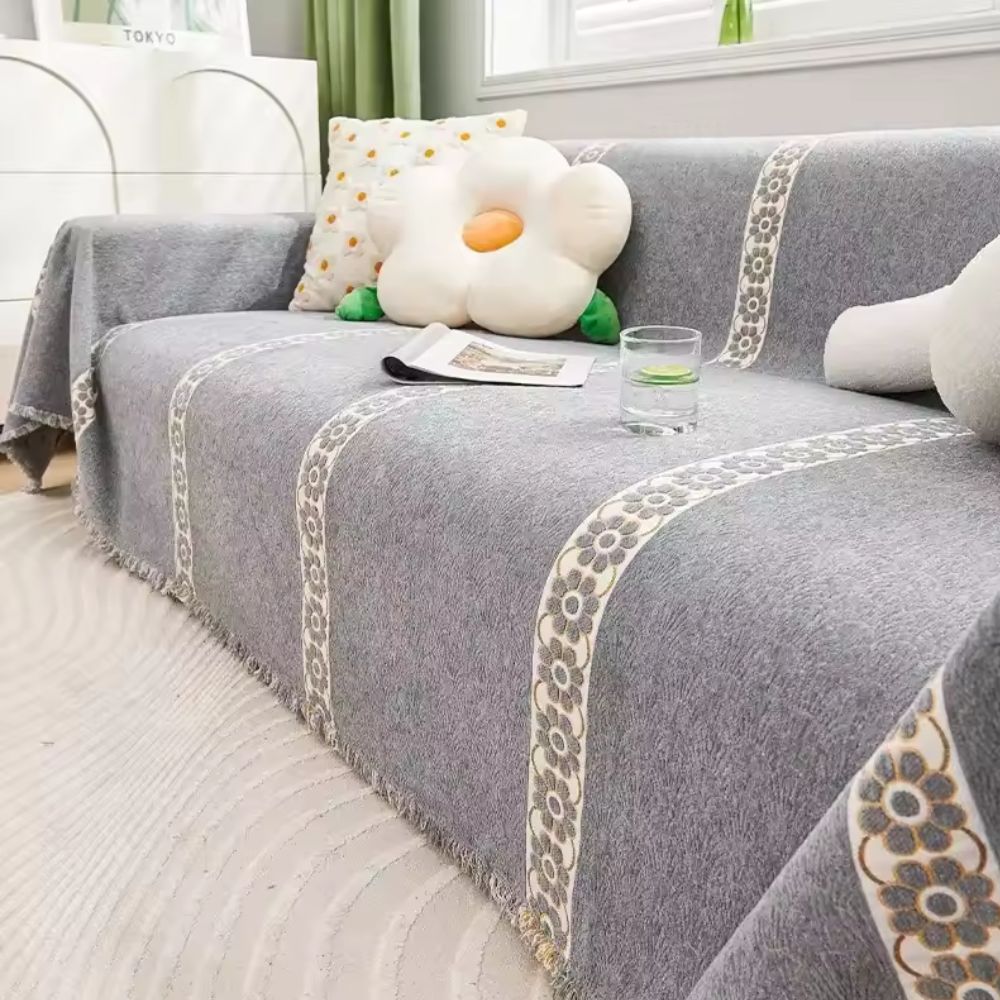 Leaf Pattern Chenille Sofa Protector - Soft Floral Design