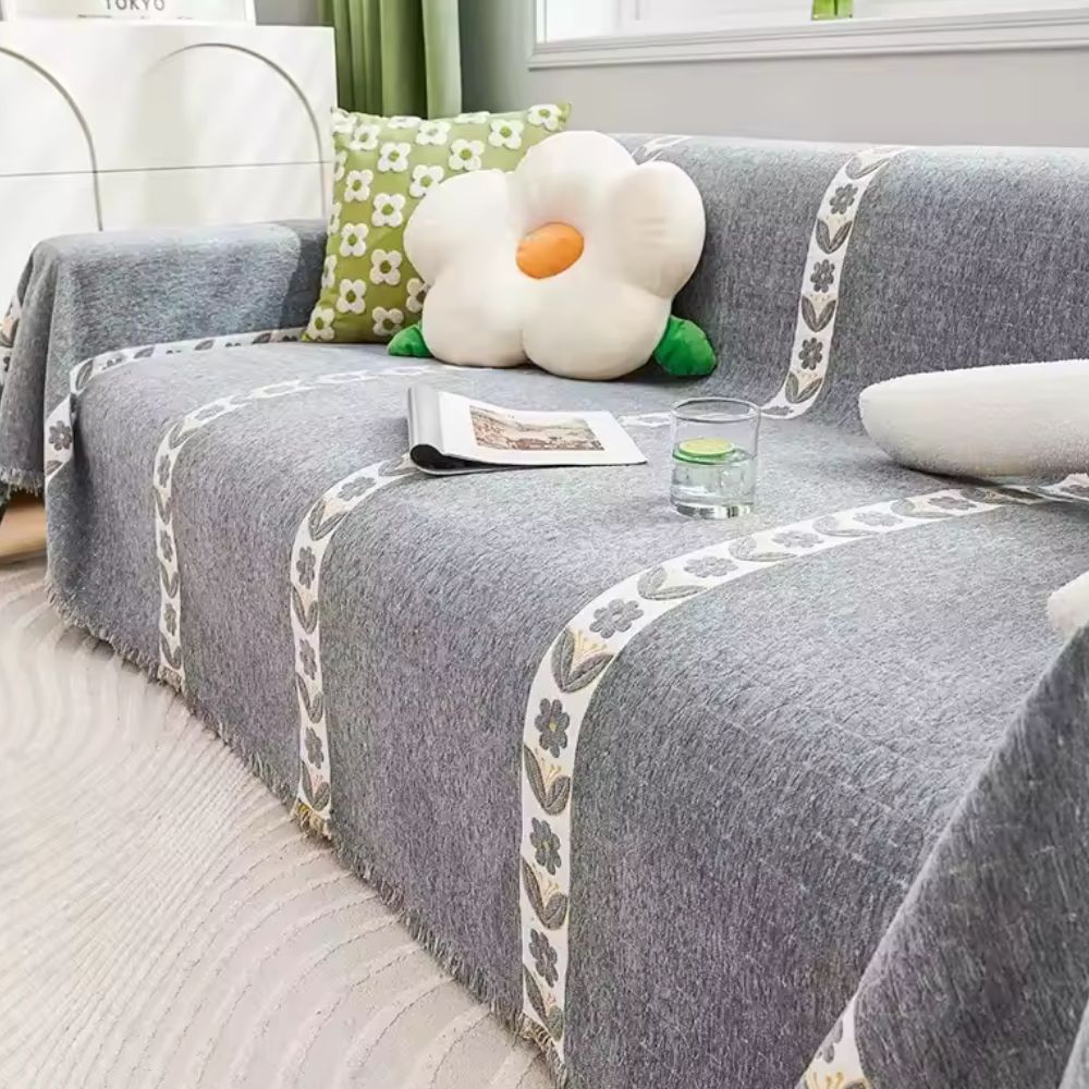 Leaf Pattern Chenille Sofa Protector - Soft Floral Design