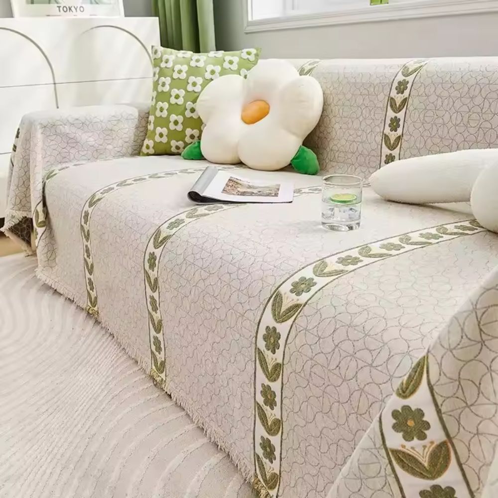 Leaf Pattern Chenille Sofa Protector - Soft Floral Design