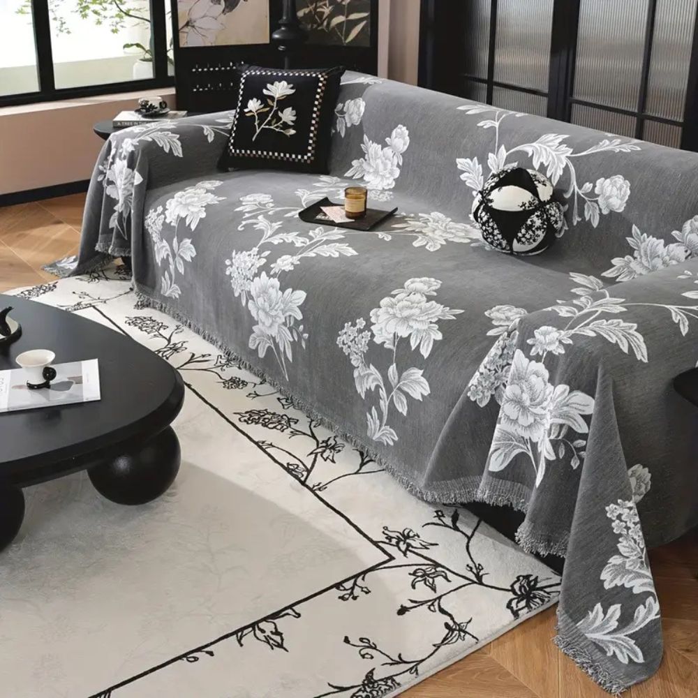 Elegant Floral Design Sofa Cover in Breathable Chenille Fabric
