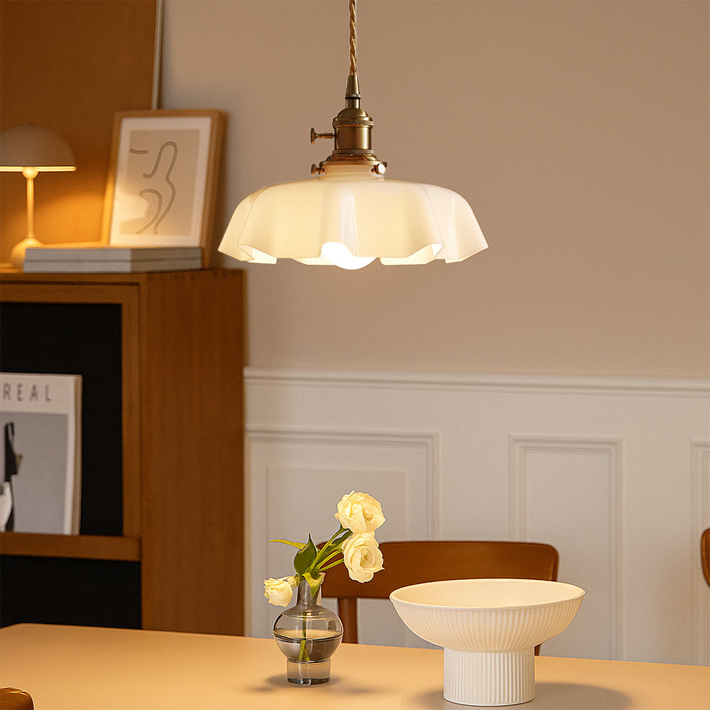 Scalloped Cream Glass Shade Pendant Light in French Design