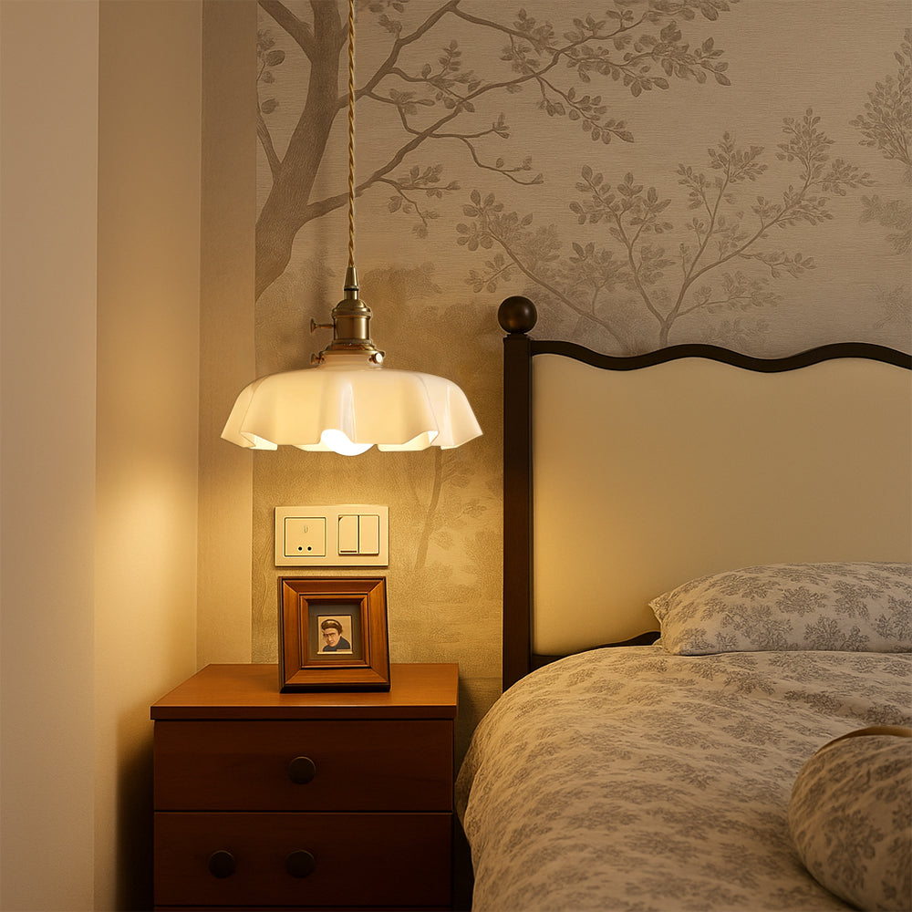 Scalloped Cream Glass Shade Pendant Light in French Design