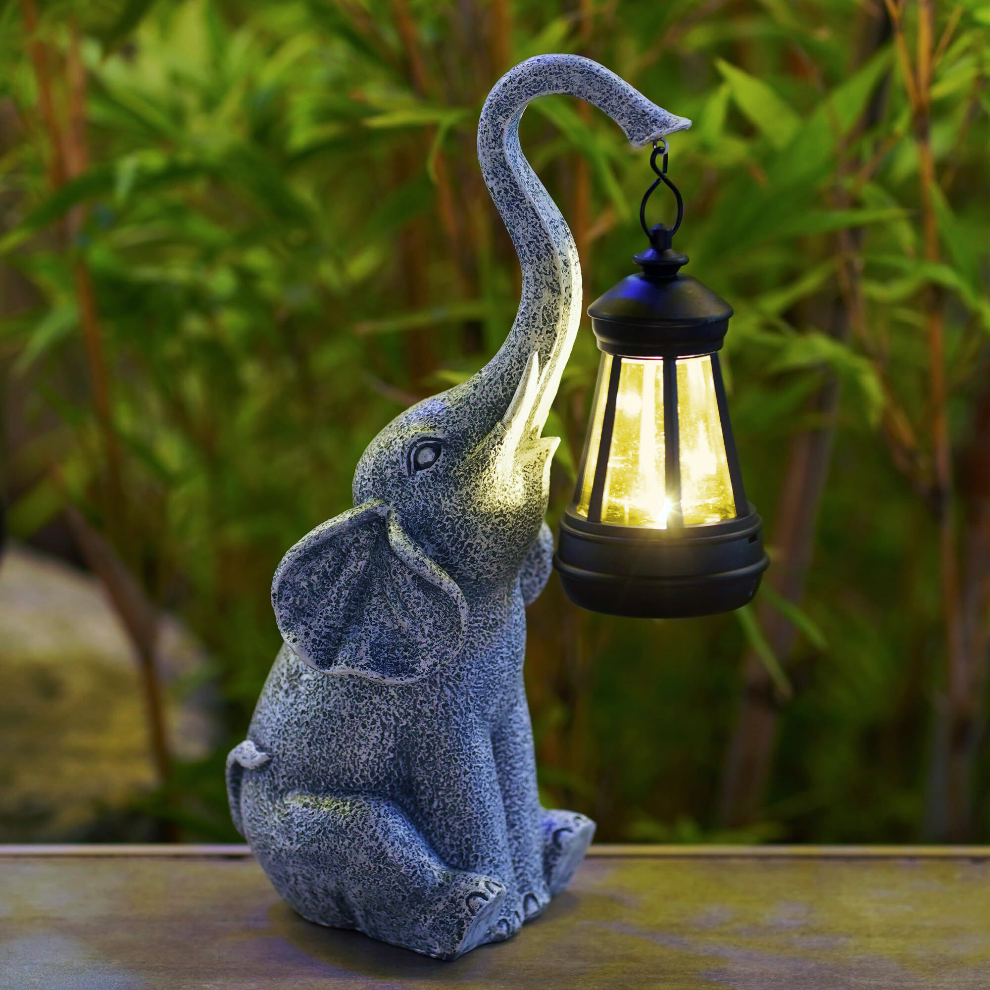 Elephant Lantern Solar Garden Light with Grey Stone Finish