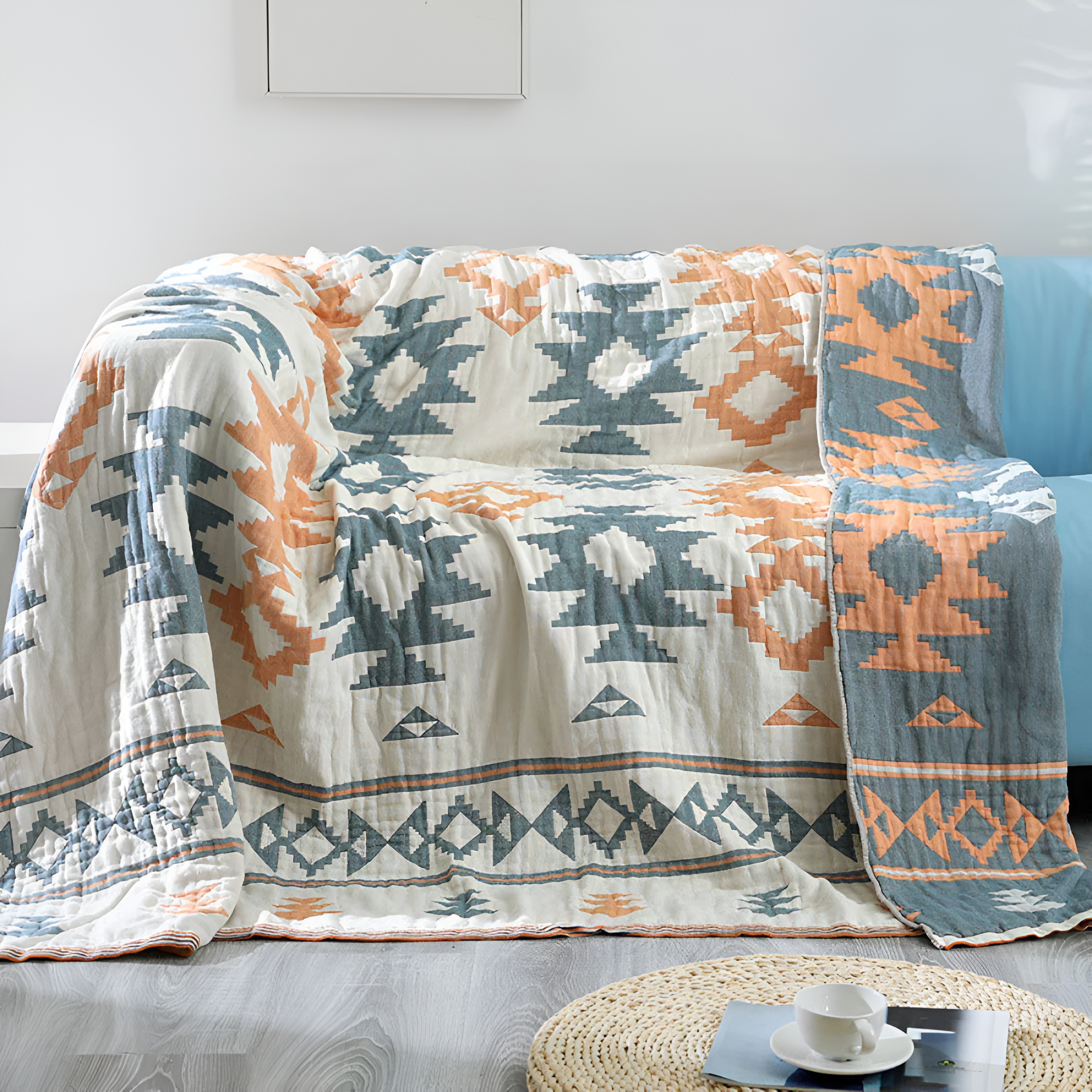 Reversible Cotton Blanket - Solid Color and Geometric Patterns