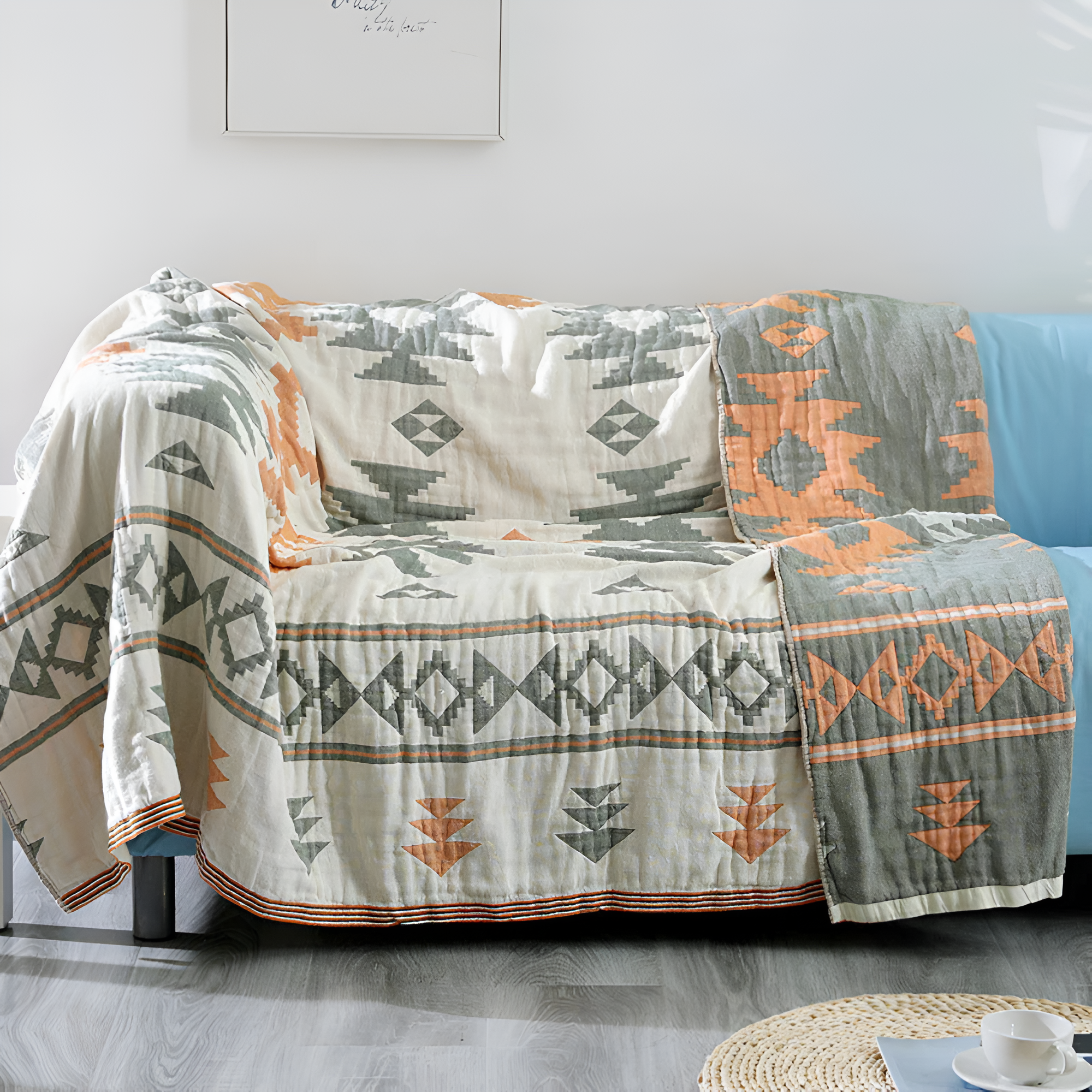 Reversible Cotton Blanket - Solid Color and Geometric Patterns