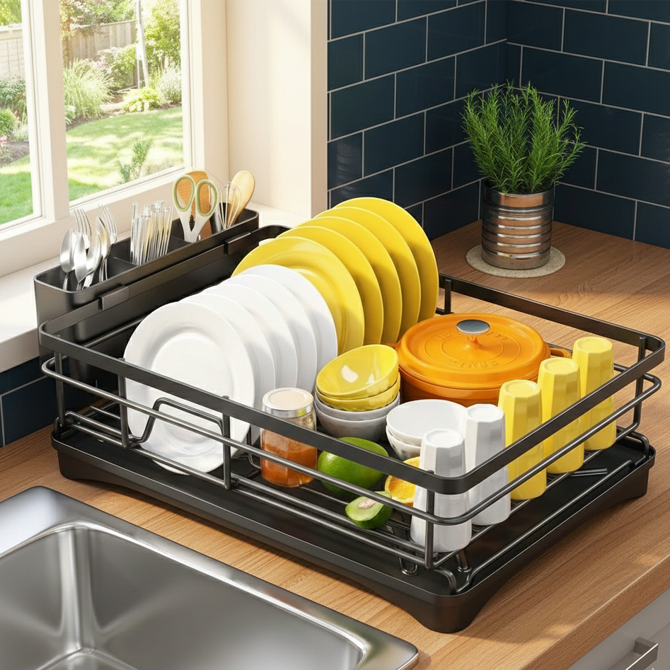 Premium Kitchen Dish Drying Rack with Adjustable Drainboard