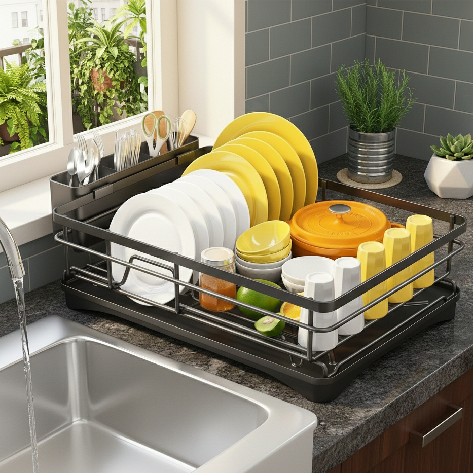 Premium Kitchen Dish Drying Rack with Adjustable Drainboard