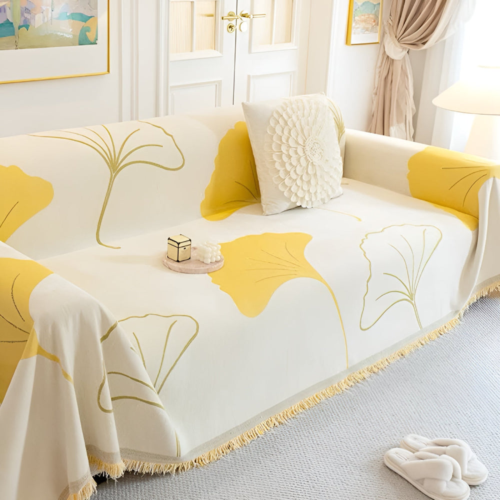 Chenille Sofa Cover with Ginkgo Leaf Design