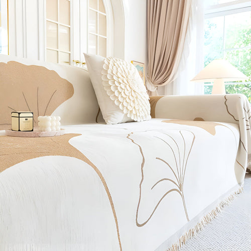 Chenille Sofa Cover with Ginkgo Leaf Design