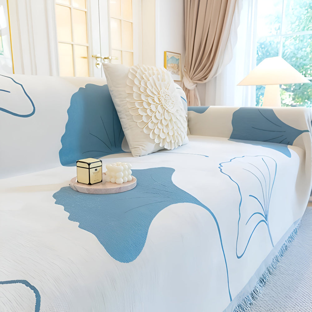 Chenille Sofa Cover with Ginkgo Leaf Design