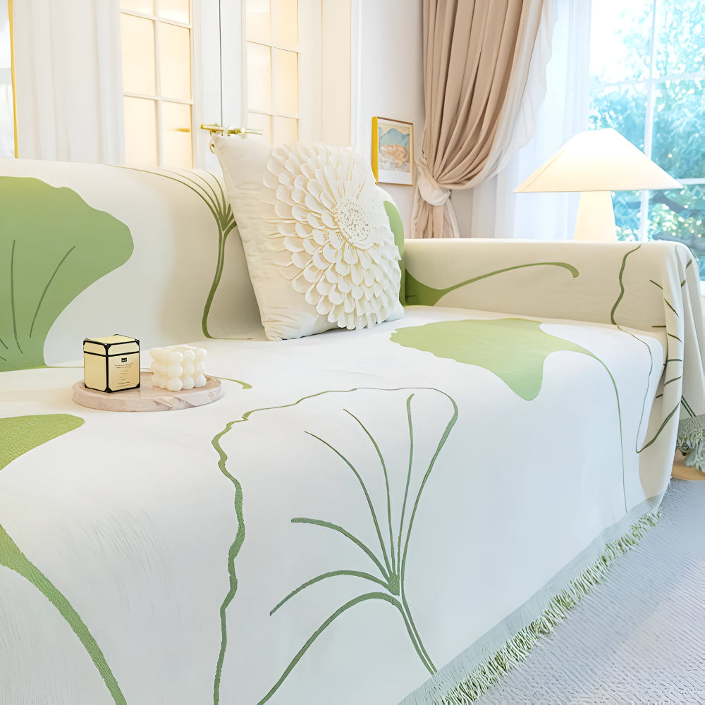 Chenille Sofa Cover with Ginkgo Leaf Design