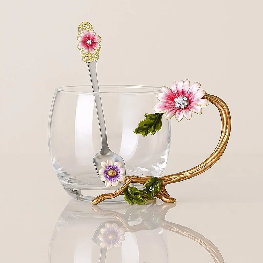 Elegance Crystal Tea Cup with Floral Enamel Design