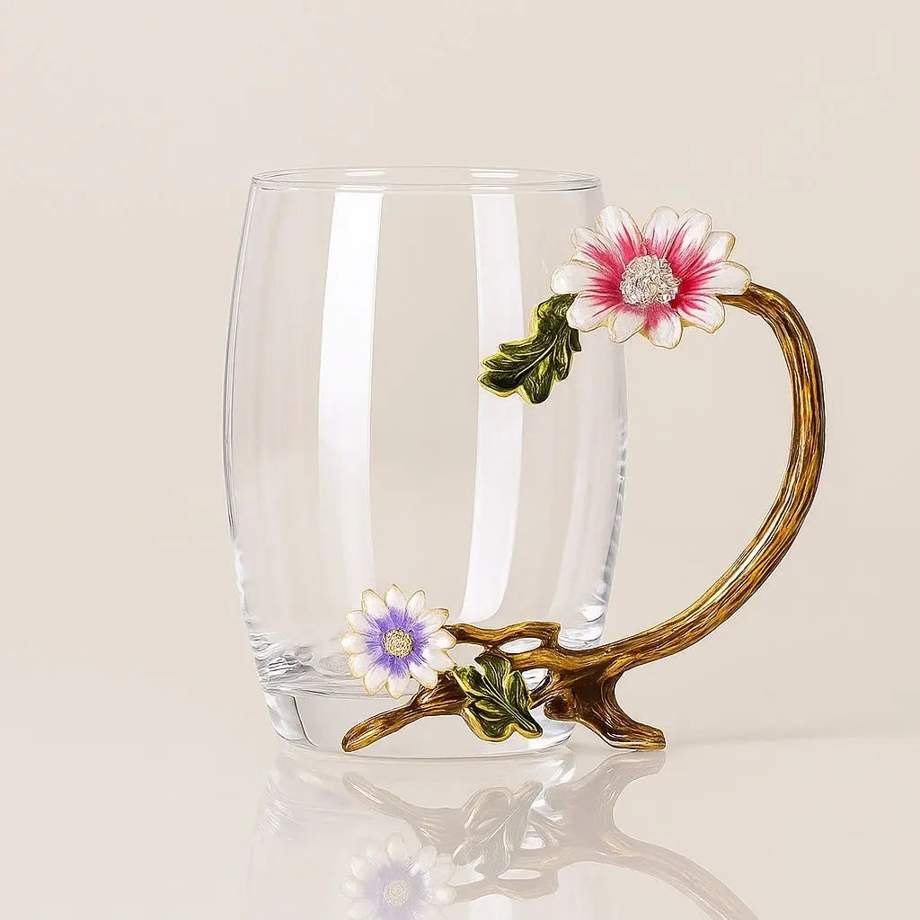 Elegance Crystal Tea Cup with Floral Enamel Design