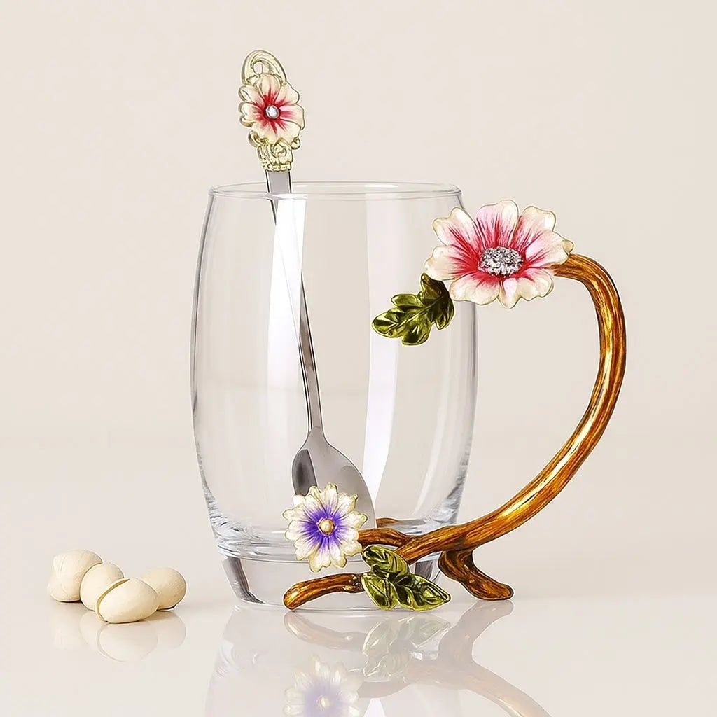 Elegance Crystal Tea Cup with Floral Enamel Design