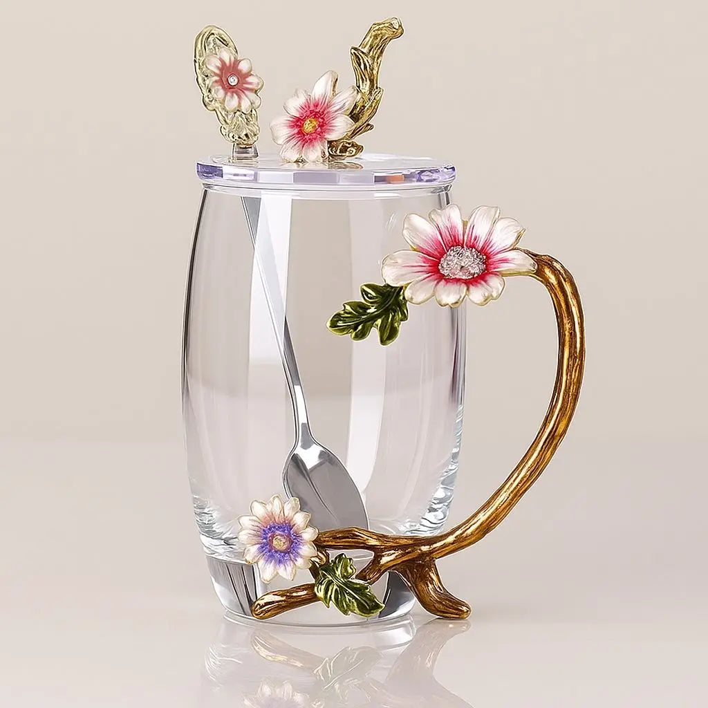 Elegance Crystal Tea Cup with Floral Enamel Design