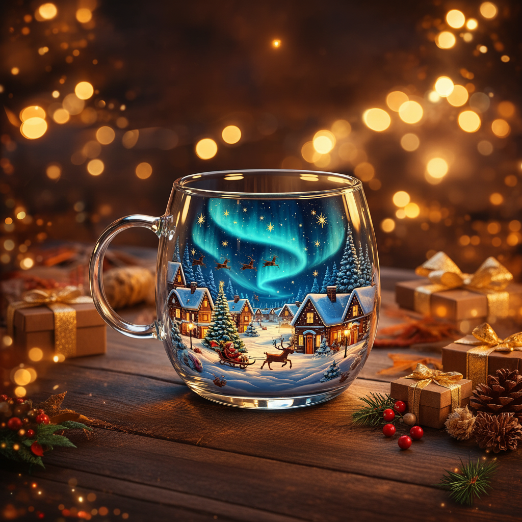 Festive Winter Motif Glass Mug for Hot Drinks - Christmas Design