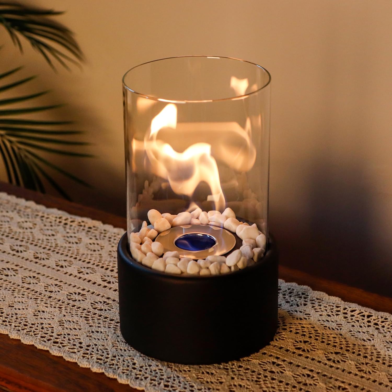 Glass Cylinder Bioethanol Fireplace for Tabletop with Metal Base