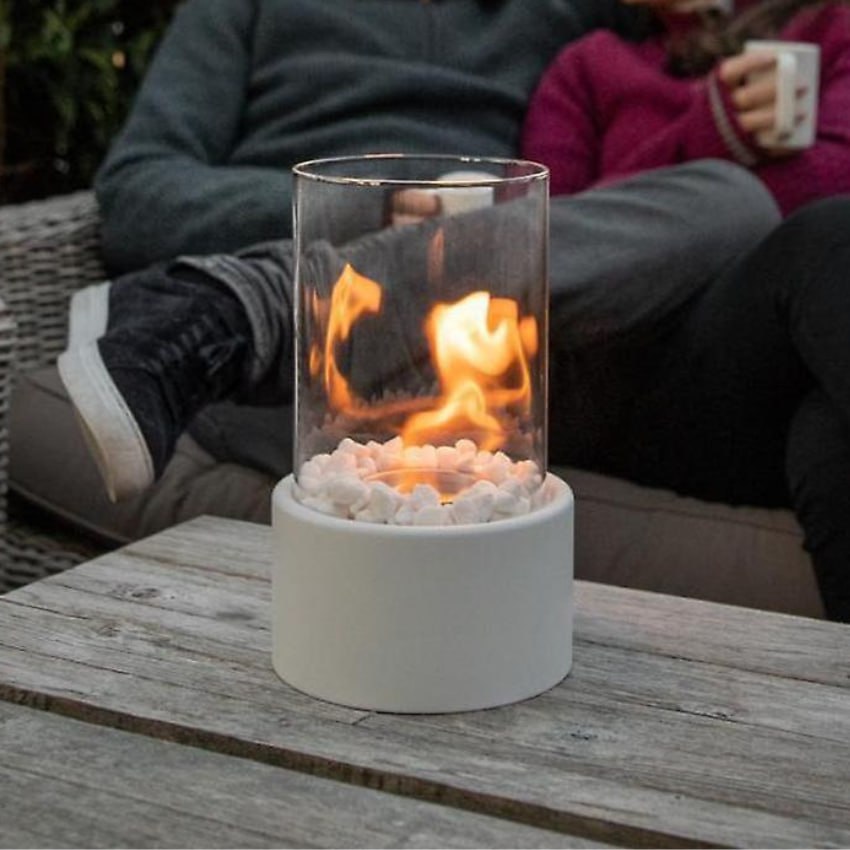 Glass Cylinder Bioethanol Fireplace for Tabletop with Metal Base