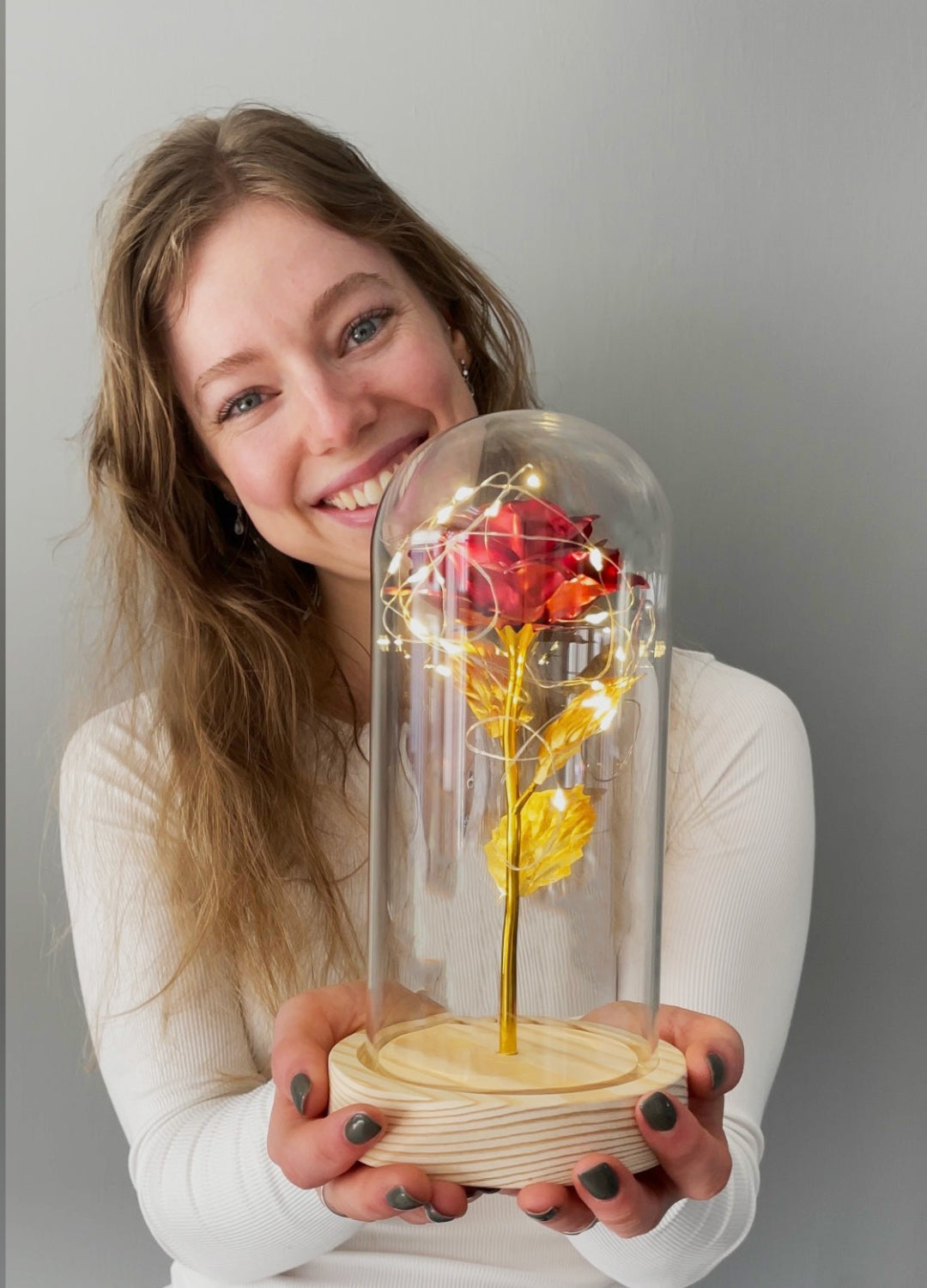 LED Table Lamp with Glass Dome and Rose Design