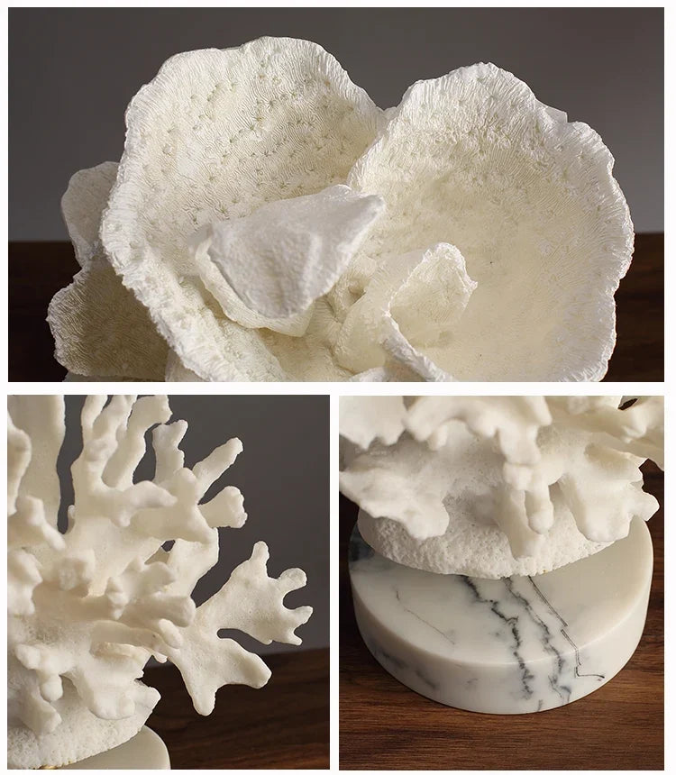 Ocean Harmony Coral Art with Marble Stand - Elegant Resin Decor