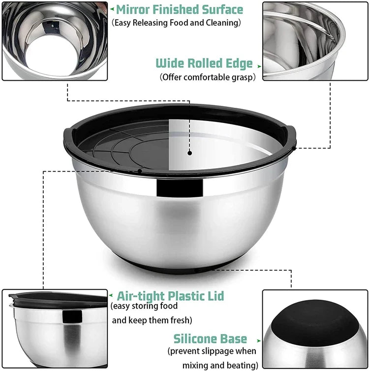 Ultimate Stainless Steel Mixing Bowl Set with Secure Lids & Grater Tools